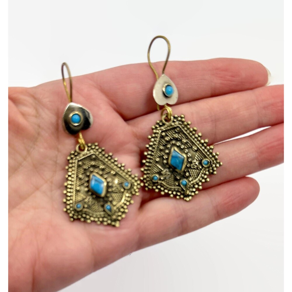 Vintage Afghan Turquoise Earrings, Brass Silver Kuchi Gypsy Boho Statement
